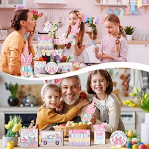 14 Pieces Easter Tiered Tray Decorations Includes 1 Pc Easter Gnomes Bunny Plush Doll 3D Wooden Centerpiece Table Signs Easter Pattern Wood Flag Happy Spring Decoration for Indoor Home Kitchen Decor