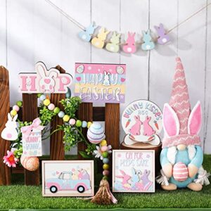 14 Pieces Easter Tiered Tray Decorations Includes 1 Pc Easter Gnomes Bunny Plush Doll 3D Wooden Centerpiece Table Signs Easter Pattern Wood Flag Happy Spring Decoration for Indoor Home Kitchen Decor