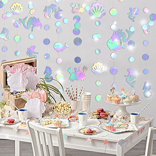 59 Ft Ocean Collection Mermaid Garland Party Decoration,Little Mermaid Party Decorations, Mermaid Birthday Decorations,Iridescent Mermaid Garland Baby Shower Under The Sea Party Decorations Pearl Holographic Paper Streamer for Little Mermaid