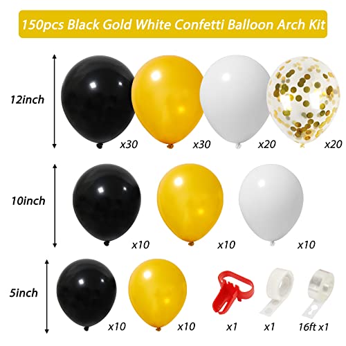 Holicolor 150pcs Black Gold and White Balloons Garland Arch Kit, 5 10 12 Inch Latex Balloons Confetti Balloons for Party Birthday Graduation Anniversary Festival Decoration