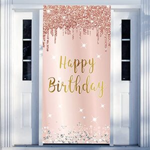 pink rose gold happy birthday door banner decorations, happy birthday door cover backdrop party supplies for women, large 16th 21st 30th 40th 50th birthday poster sign decor