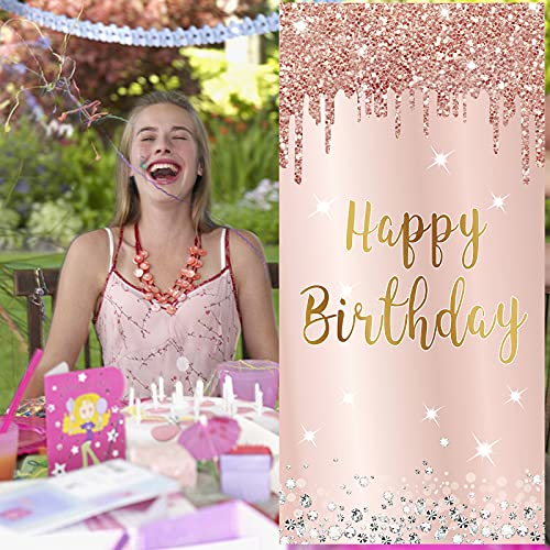 Pink Rose Gold Happy Birthday Door Banner Decorations, Happy Birthday Door Cover Backdrop Party Supplies for Women, Large 16th 21st 30th 40th 50th Birthday Poster Sign Decor