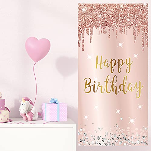 Pink Rose Gold Happy Birthday Door Banner Decorations, Happy Birthday Door Cover Backdrop Party Supplies for Women, Large 16th 21st 30th 40th 50th Birthday Poster Sign Decor