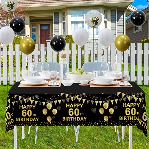 Trgowaul 60th Birthday Decorations Men Women - Black Gold Happy 60 Birthday Backdrop Banner, 2 Pcs Happy Birthday Tablecloth, 60 Pcs Latex Confetti Balloons, 60 Years Old Birthday Party Supplies Gifts