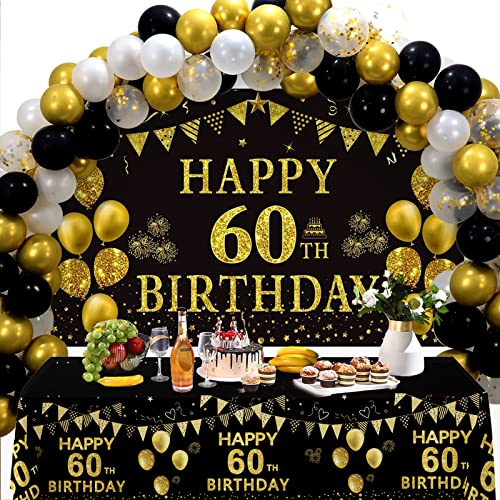 Trgowaul 60th Birthday Decorations Men Women - Black Gold Happy 60 Birthday Backdrop Banner, 2 Pcs Happy Birthday Tablecloth, 60 Pcs Latex Confetti Balloons, 60 Years Old Birthday Party Supplies Gifts