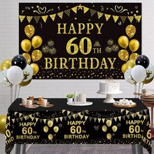 Trgowaul 60th Birthday Decorations Men Women - Black Gold Happy 60 Birthday Backdrop Banner, 2 Pcs Happy Birthday Tablecloth, 60 Pcs Latex Confetti Balloons, 60 Years Old Birthday Party Supplies Gifts