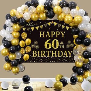 Trgowaul 60th Birthday Decorations Men Women - Black Gold Happy 60 Birthday Backdrop Banner, 2 Pcs Happy Birthday Tablecloth, 60 Pcs Latex Confetti Balloons, 60 Years Old Birthday Party Supplies Gifts