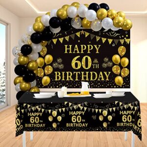 Trgowaul 60th Birthday Decorations Men Women - Black Gold Happy 60 Birthday Backdrop Banner, 2 Pcs Happy Birthday Tablecloth, 60 Pcs Latex Confetti Balloons, 60 Years Old Birthday Party Supplies Gifts