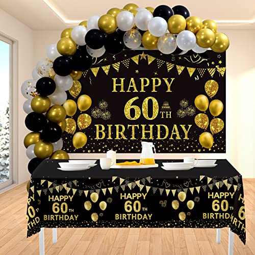 Trgowaul 60th Birthday Decorations Men Women - Black Gold Happy 60 Birthday Backdrop Banner, 2 Pcs Happy Birthday Tablecloth, 60 Pcs Latex Confetti Balloons, 60 Years Old Birthday Party Supplies Gifts