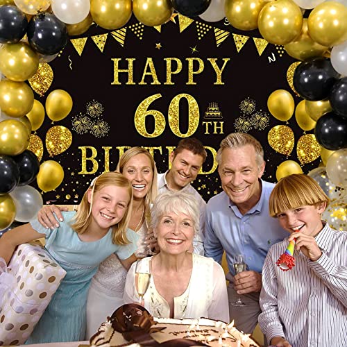 Trgowaul 60th Birthday Decorations Men Women - Black Gold Happy 60 Birthday Backdrop Banner, 2 Pcs Happy Birthday Tablecloth, 60 Pcs Latex Confetti Balloons, 60 Years Old Birthday Party Supplies Gifts