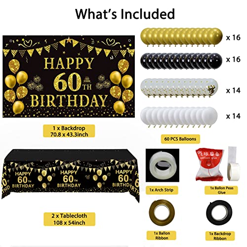 Trgowaul 60th Birthday Decorations Men Women - Black Gold Happy 60 Birthday Backdrop Banner, 2 Pcs Happy Birthday Tablecloth, 60 Pcs Latex Confetti Balloons, 60 Years Old Birthday Party Supplies Gifts