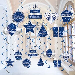 blue silver happy birthday decorations hanging swirls party supplies, 30pcs happy birthday foil swirl decor for men boys, 10th 16th 21st 30th 40th 50th 60th ceiling swirl sign