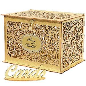 ourwarm glittery gold wedding card box with lock, wood gift card box holder money box for wedding reception birthday party baby shower, open house celebration or graduation party decorations