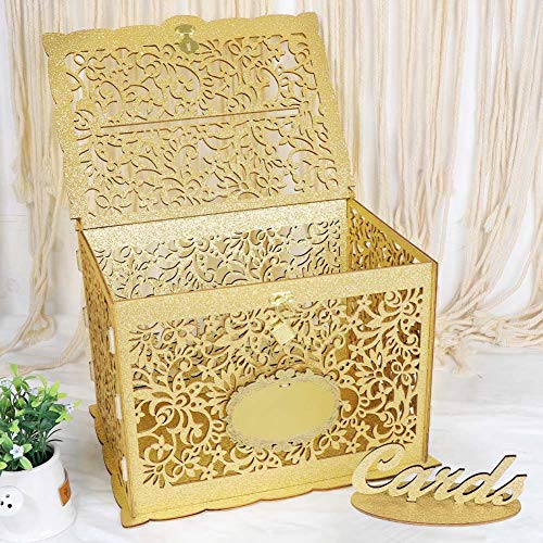 OurWarm Glittery Gold Wedding Card Box with Lock, Wood Gift Card Box Holder Money Box for Wedding Reception Birthday Party Baby Shower, Open House Celebration or Graduation Party Decorations