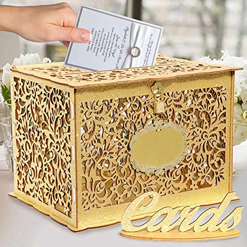 OurWarm Glittery Gold Wedding Card Box with Lock, Wood Gift Card Box Holder Money Box for Wedding Reception Birthday Party Baby Shower, Open House Celebration or Graduation Party Decorations