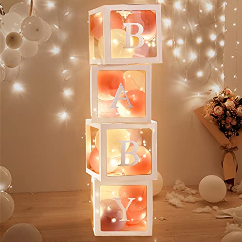 Termichy Baby Shower Boxes Party Decorations with Warm White Fairy Lights, 4 PCS Transparent Balloon Boxes Baby Shower Blocks for Girls Boys Baby Shower, Gender Reveal Decorations (White)