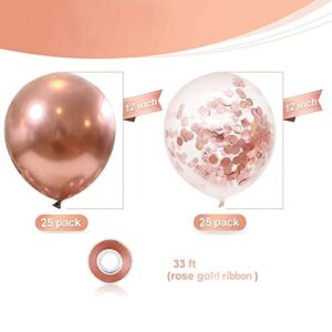 12 Inch Rose Gold Metallic Chrome Balloons,50 Pack Rose Gold Confetti Balloons,Premium Latex Party Balloons With Ribbon for Birthday, Wedding, Baby Shower, Anniversary Party Decorations