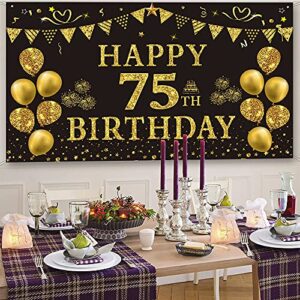 Trgowaul 75th Birthday Backdrop Gold and Black 5.9 X 3.6 Fts Happy Birthday Party Decorations Banner for Women Men Photography Supplies Background Happy Birthday Decoration