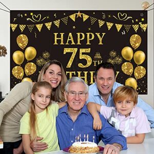 Trgowaul 75th Birthday Backdrop Gold and Black 5.9 X 3.6 Fts Happy Birthday Party Decorations Banner for Women Men Photography Supplies Background Happy Birthday Decoration