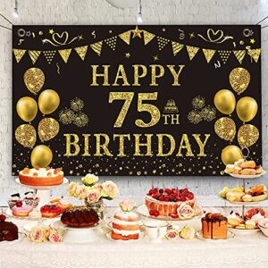 Trgowaul 75th Birthday Backdrop Gold and Black 5.9 X 3.6 Fts Happy Birthday Party Decorations Banner for Women Men Photography Supplies Background Happy Birthday Decoration