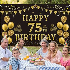 Trgowaul 75th Birthday Backdrop Gold and Black 5.9 X 3.6 Fts Happy Birthday Party Decorations Banner for Women Men Photography Supplies Background Happy Birthday Decoration