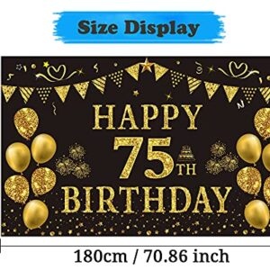 Trgowaul 75th Birthday Backdrop Gold and Black 5.9 X 3.6 Fts Happy Birthday Party Decorations Banner for Women Men Photography Supplies Background Happy Birthday Decoration