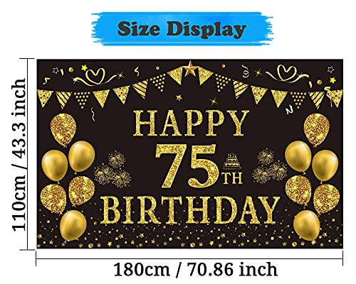 Trgowaul 75th Birthday Backdrop Gold and Black 5.9 X 3.6 Fts Happy Birthday Party Decorations Banner for Women Men Photography Supplies Background Happy Birthday Decoration