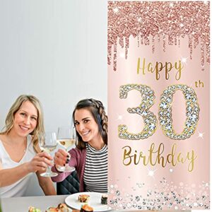 Happy 30th Birthday Door Banner Backdrop Decorations for Her, Pink Rose Gold 30 Birthday Party Door Cover Sign Supplies, Thirty Year Old Birthday Poster Background Decor