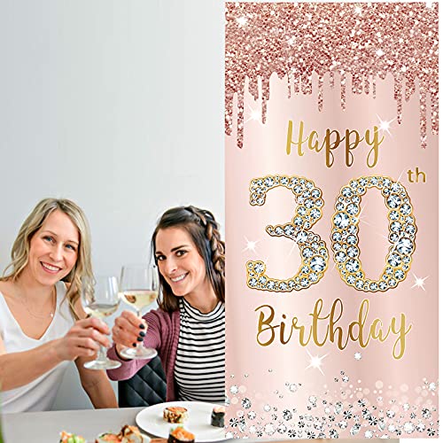 Happy 30th Birthday Door Banner Backdrop Decorations for Her, Pink Rose Gold 30 Birthday Party Door Cover Sign Supplies, Thirty Year Old Birthday Poster Background Decor