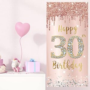 Happy 30th Birthday Door Banner Backdrop Decorations for Her, Pink Rose Gold 30 Birthday Party Door Cover Sign Supplies, Thirty Year Old Birthday Poster Background Decor