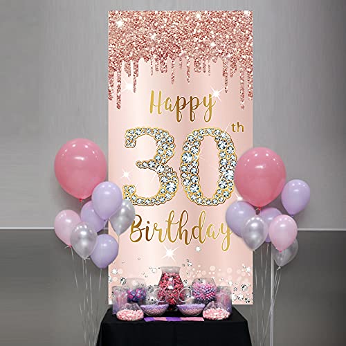 Happy 30th Birthday Door Banner Backdrop Decorations for Her, Pink Rose Gold 30 Birthday Party Door Cover Sign Supplies, Thirty Year Old Birthday Poster Background Decor