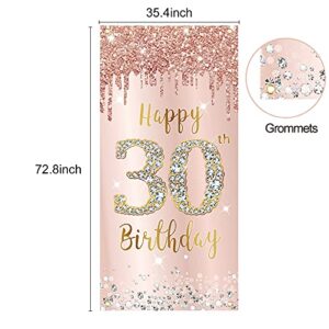 Happy 30th Birthday Door Banner Backdrop Decorations for Her, Pink Rose Gold 30 Birthday Party Door Cover Sign Supplies, Thirty Year Old Birthday Poster Background Decor