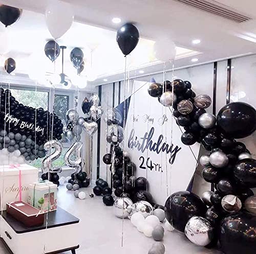 Black And Silver Balloons Garland Arch Kit Black Agate Marble Balloons Decorations For Parties Birthday Baby Shower Graduation | Includes Balloon Dots Balloons Strip Curling Ribbon