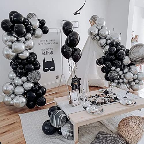 Black And Silver Balloons Garland Arch Kit Black Agate Marble Balloons Decorations For Parties Birthday Baby Shower Graduation | Includes Balloon Dots Balloons Strip Curling Ribbon
