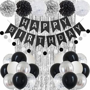 ansomo black and silver happy birthday party decorations banner balloons women men boys girls him her 13th 15th 16th 18th 20th 21st 25th 30th 35th 40th 45th 50th