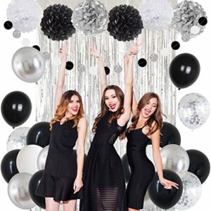 ANSOMO Black and Silver Happy Birthday Party Decorations Banner Balloons Women Men Boys Girls Him Her 13th 15th 16th 18th 20th 21st 25th 30th 35th 40th 45th 50th