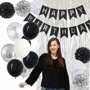 ANSOMO Black and Silver Happy Birthday Party Decorations Banner Balloons Women Men Boys Girls Him Her 13th 15th 16th 18th 20th 21st 25th 30th 35th 40th 45th 50th