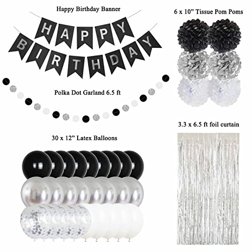 ANSOMO Black and Silver Happy Birthday Party Decorations Banner Balloons Women Men Boys Girls Him Her 13th 15th 16th 18th 20th 21st 25th 30th 35th 40th 45th 50th