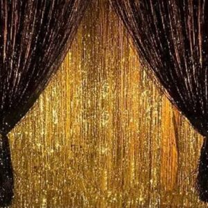 sharlity 4pcs 3′ x 8′ black and gold metallic tinsel foil fringe curtain backdrop for 2023 new years eve, halloween party decoration