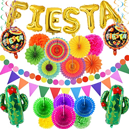 32 PCS Fiesta Mexican Party Decoration Fiesta and Cactus Balloons Paper Fans Pom Poms Triangle Bunting Banner for Fiesta Mexican Cinco De Mayo Birthday Party Supplies