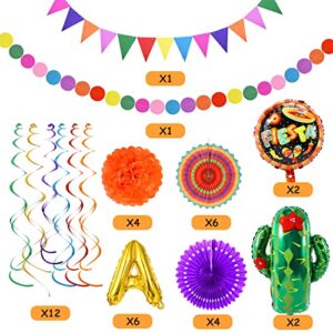 32 PCS Fiesta Mexican Party Decoration Fiesta and Cactus Balloons Paper Fans Pom Poms Triangle Bunting Banner for Fiesta Mexican Cinco De Mayo Birthday Party Supplies