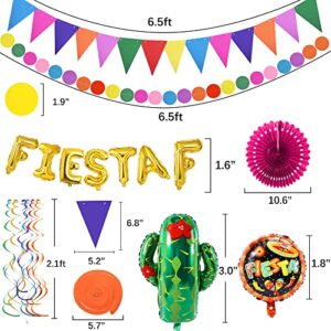 32 PCS Fiesta Mexican Party Decoration Fiesta and Cactus Balloons Paper Fans Pom Poms Triangle Bunting Banner for Fiesta Mexican Cinco De Mayo Birthday Party Supplies