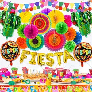 32 PCS Fiesta Mexican Party Decoration Fiesta and Cactus Balloons Paper Fans Pom Poms Triangle Bunting Banner for Fiesta Mexican Cinco De Mayo Birthday Party Supplies