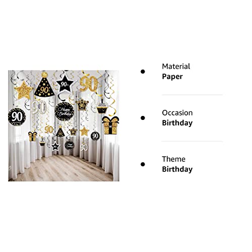 30 Pieces 90th Birthday Party Decorations, 90th Birthday Party Decorative Cards and Hanging Swirls Ceiling Decorations Shiny Celebration Hanging Swirls Decorations for 90th Birthday Party Supplies