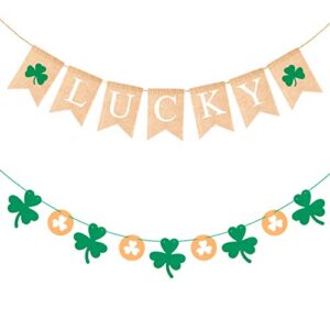 watinc 2pcs st. patrick’s day burlap banner, lucky clover banner with green shamrock leaf gold coin felt garland for celebrate irish day party,saint patty’s day home hanging decor for mantel fireplace