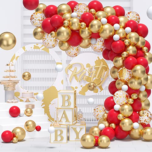 RHGBINLI Red Gold Balloon Garland Arch Kit -120Pcs 12/10/5Inch Red and Metallic Gold Balloons With Gold Confetti Balloons for Valentines Wedding Engagements Anniversary Birthday Party Decorations