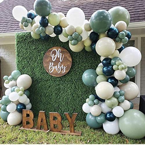 136 PCS Sage Green Ivory White Balloon Garland Arch Kit, Sage Olive Green Ivory White Balloons Decor, Jungle Safari Tropical Baby Shower Birthday Wedding Theme Party Decorations Supplies for Boys