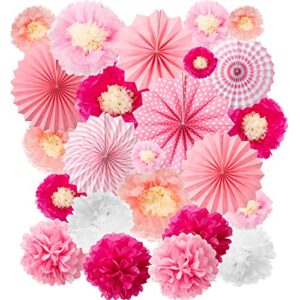 24 pieces paper fans decoration set, including 12 tissue paper flowers, 6 pink hanging paper fans garlands decoration, 6 paper poms ball decoration flowers craft kit for wedding, birthday, baby shower
