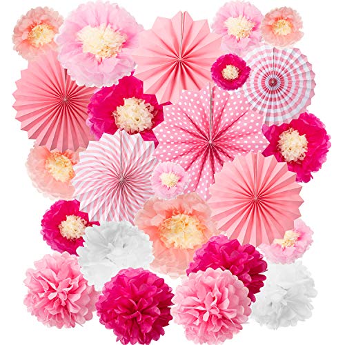 24 Pieces Paper Fans Decoration Set, Including 12 Tissue Paper Flowers, 6 Pink Hanging Paper Fans Garlands Decoration, 6 Paper Poms Ball Decoration Flowers Craft Kit for Wedding, Birthday, Baby Shower