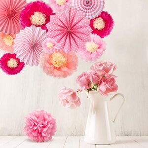 24 Pieces Paper Fans Decoration Set, Including 12 Tissue Paper Flowers, 6 Pink Hanging Paper Fans Garlands Decoration, 6 Paper Poms Ball Decoration Flowers Craft Kit for Wedding, Birthday, Baby Shower